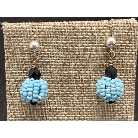 Unknown Jewelry - Vintage Sterling Silver 925 Blue Beaded Ball Dangle Earrings 4g‎ - 1'' Handmade